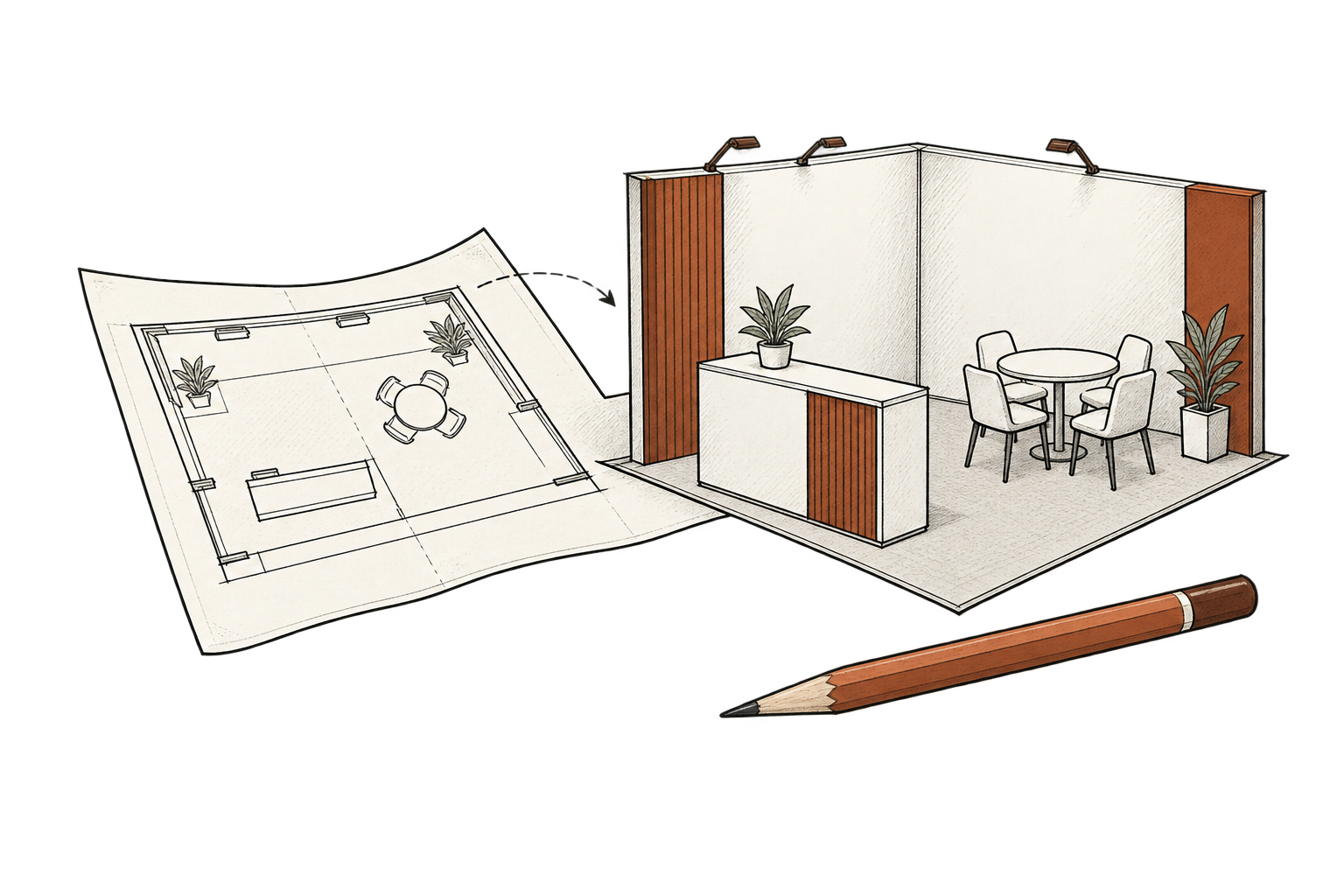 Hand-drawn booth floor plan and exhibit with cedar accents