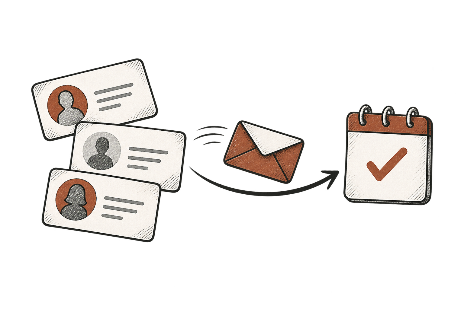 Hand-drawn prospect cards, outreach envelope, and meeting calendar