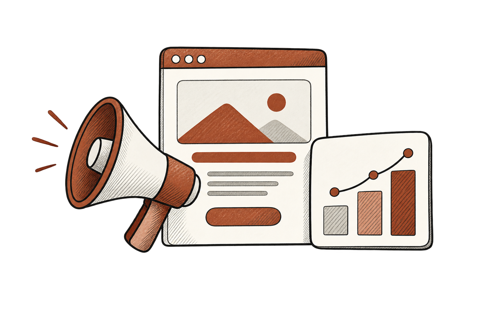 Hand-drawn campaign page, megaphone, and reporting chart