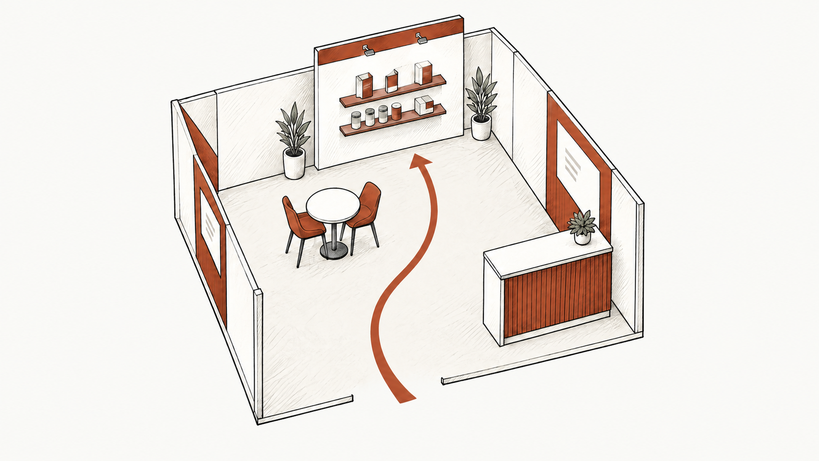 Hand-drawn booth layout showing an open visitor path, reception counter, product displays, and meeting table