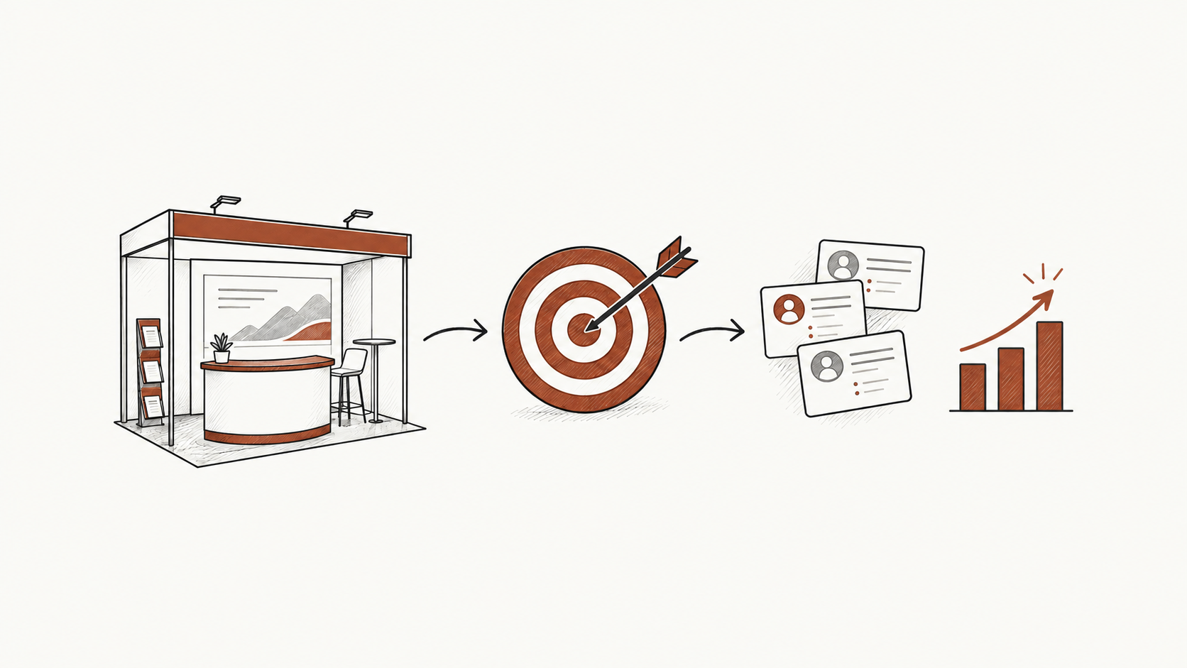 Hand-drawn exhibit, target, prospect cards, and results chart with generous horizontal margins