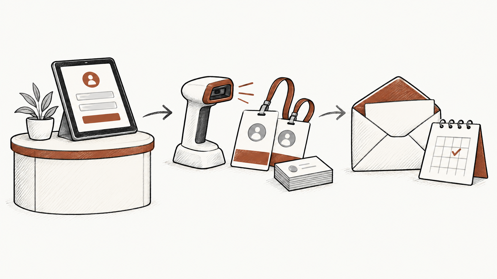 Hand-drawn lead capture tablet, badge scanner, contact cards, and follow-up envelope arranged horizontally
