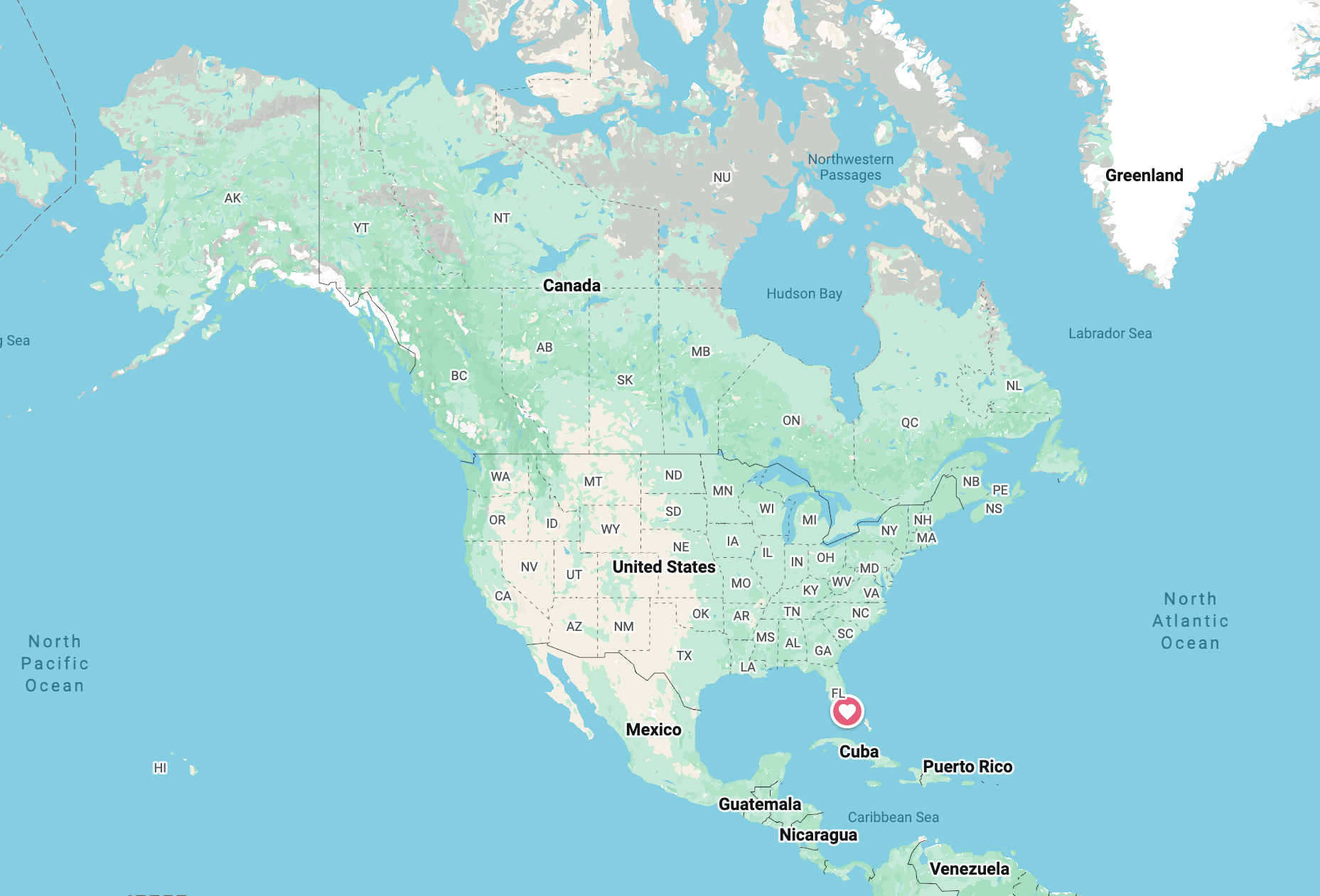 Daytime map of North America with a location marker near Florida