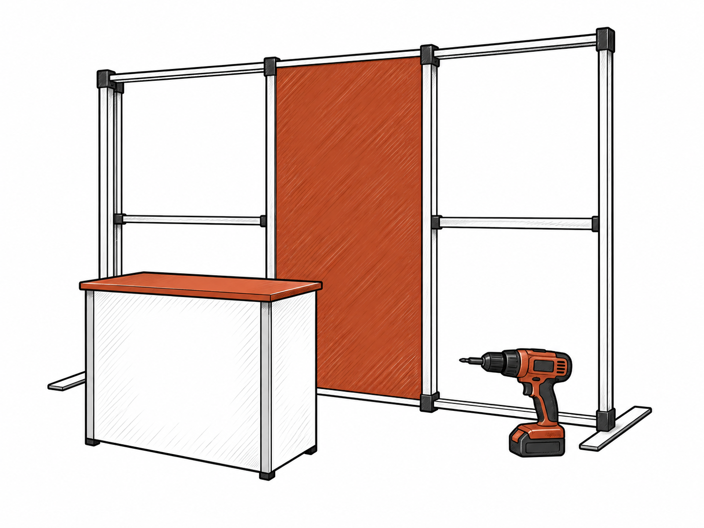 Hand-drawn modular wall frame, fitted panel, booth counter, and assembly drill