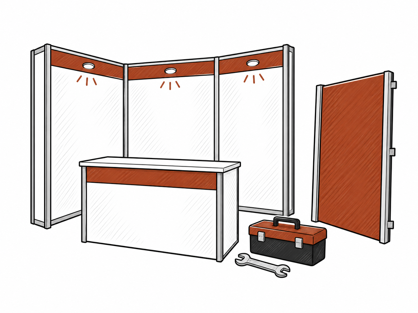 Hand-drawn booth components during setup with a toolbox and wrench