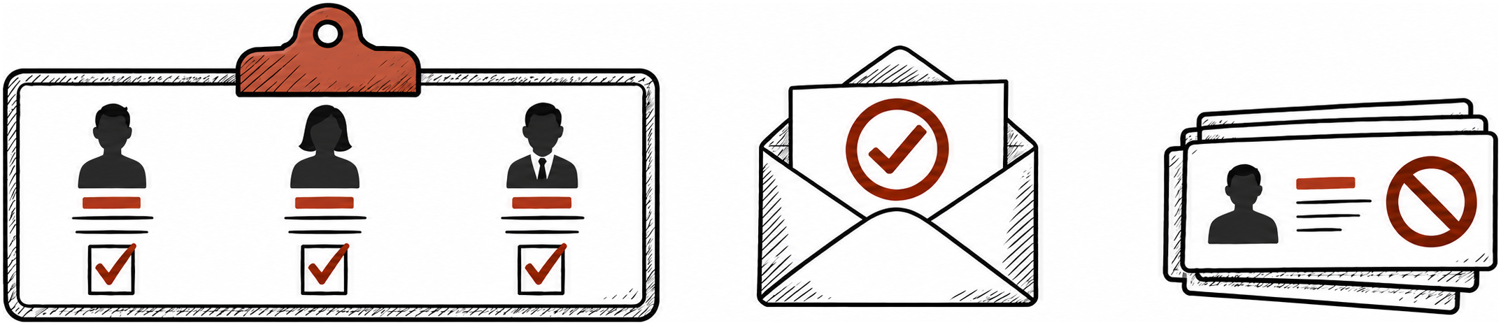 Hand-drawn approved audience checklist and outreach envelope beside excluded contact cards
