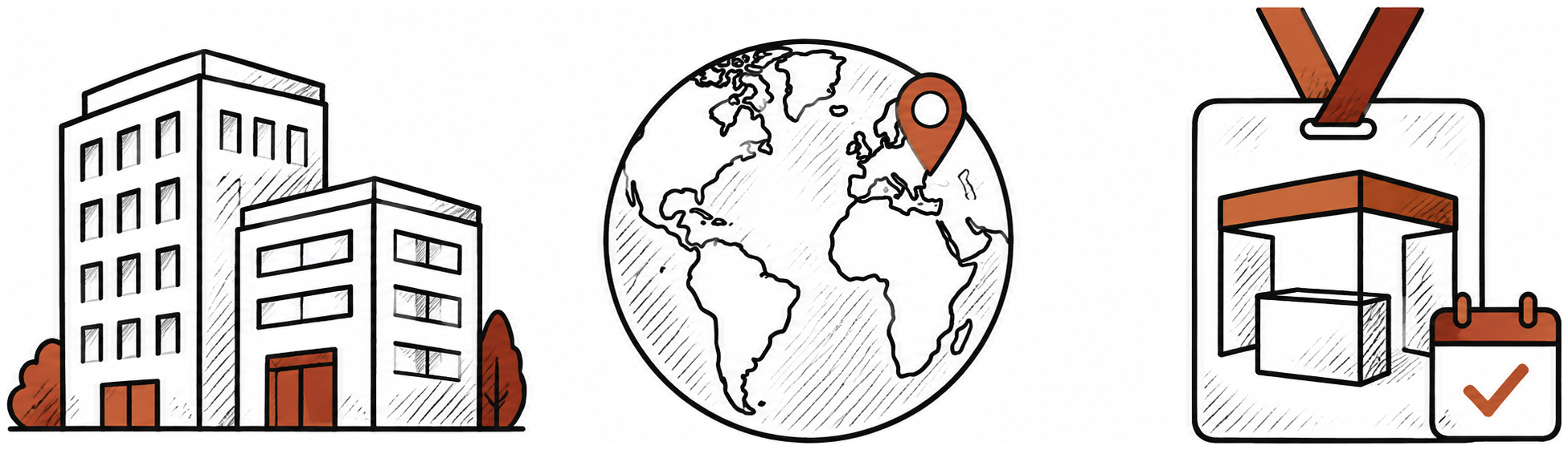 Hand-drawn company buildings, a globe with a location pin, and a trade show invitation with a checked calendar