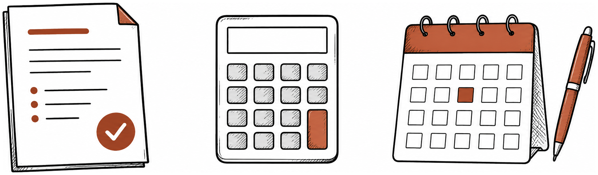 Hand-drawn approved proposal, campaign budget calculator, and launch calendar with a cedar pen