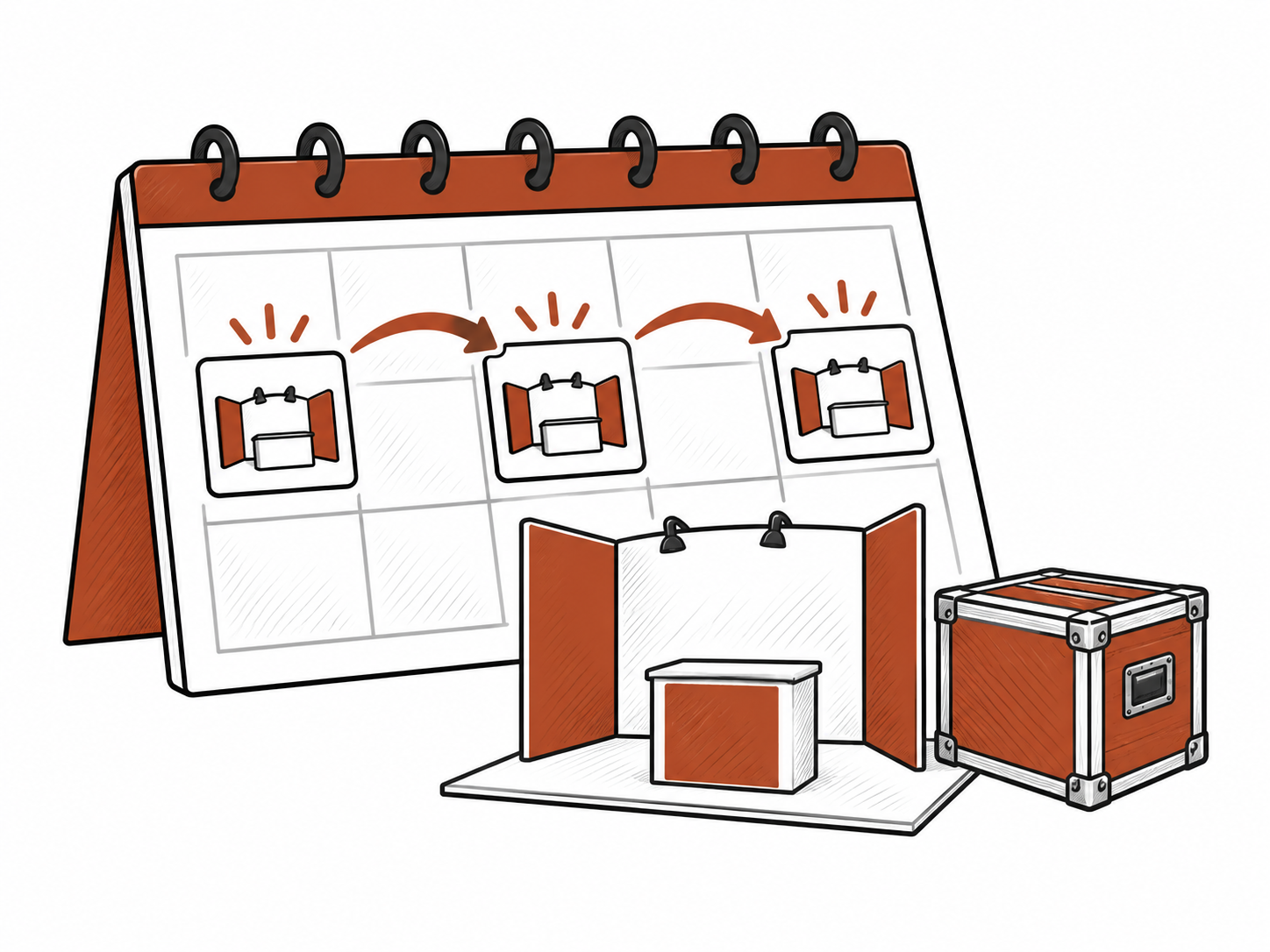 Hand-drawn multi-event calendar with a reusable booth model and asset crate