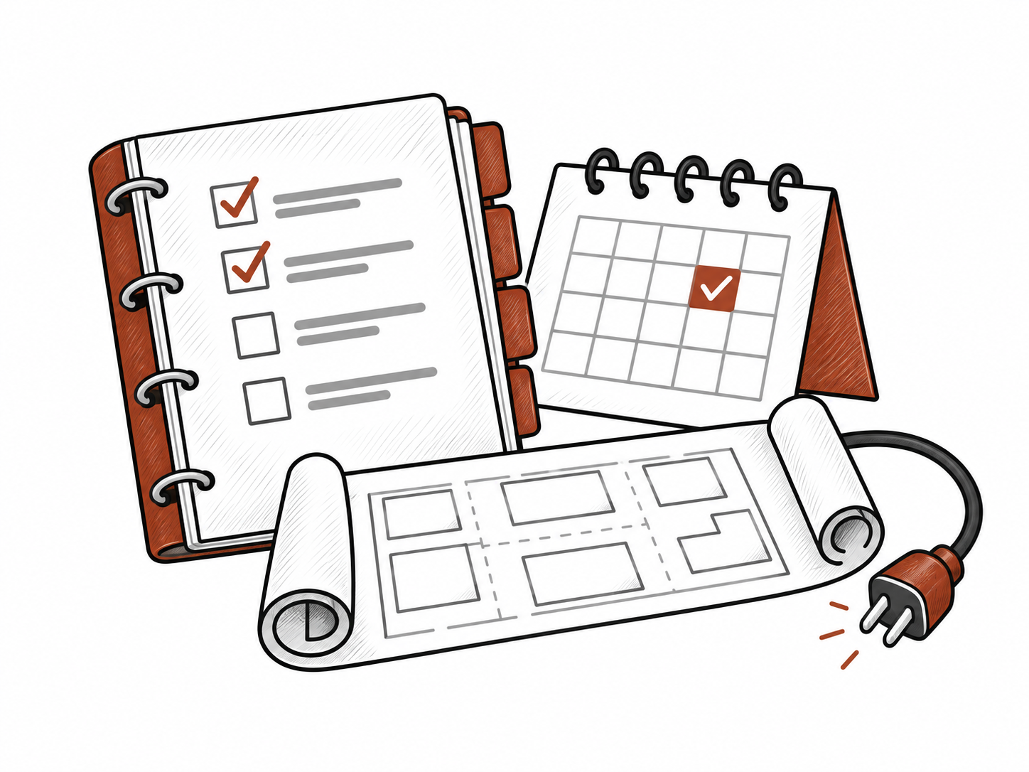 Hand-drawn show-planning binder, calendar, floor plan, and utility plug
