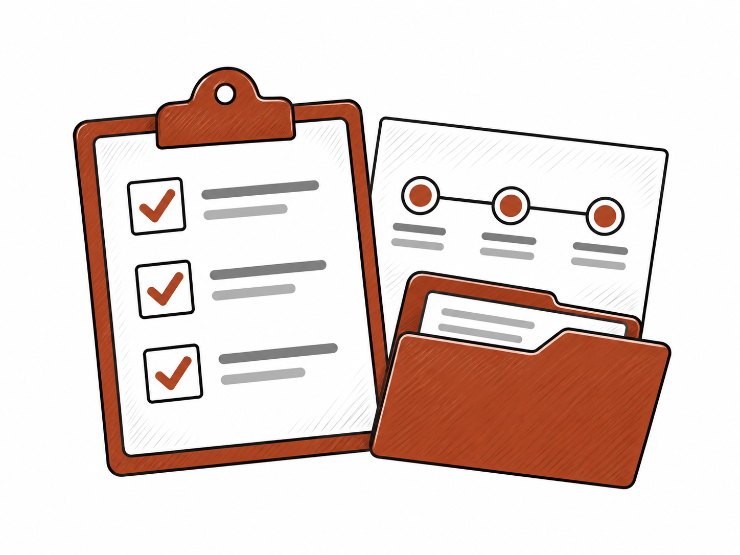 Hand-drawn project checklist, milestone timeline, and vendor folder