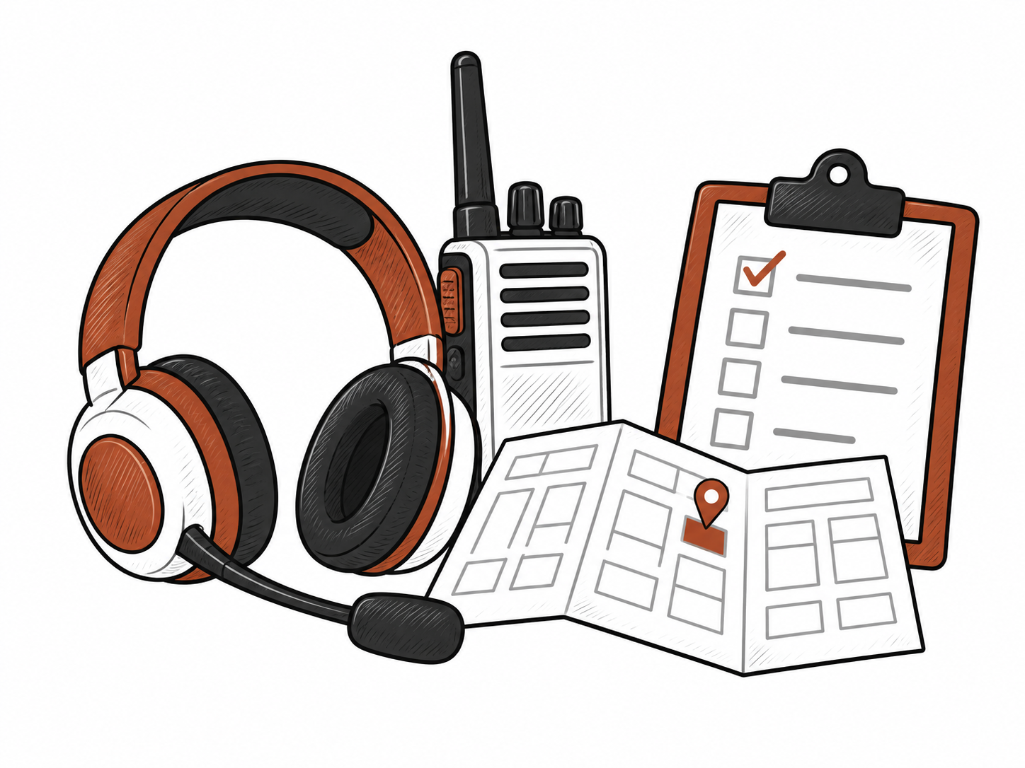 Hand-drawn support headset, radio, show-floor map, and checklist