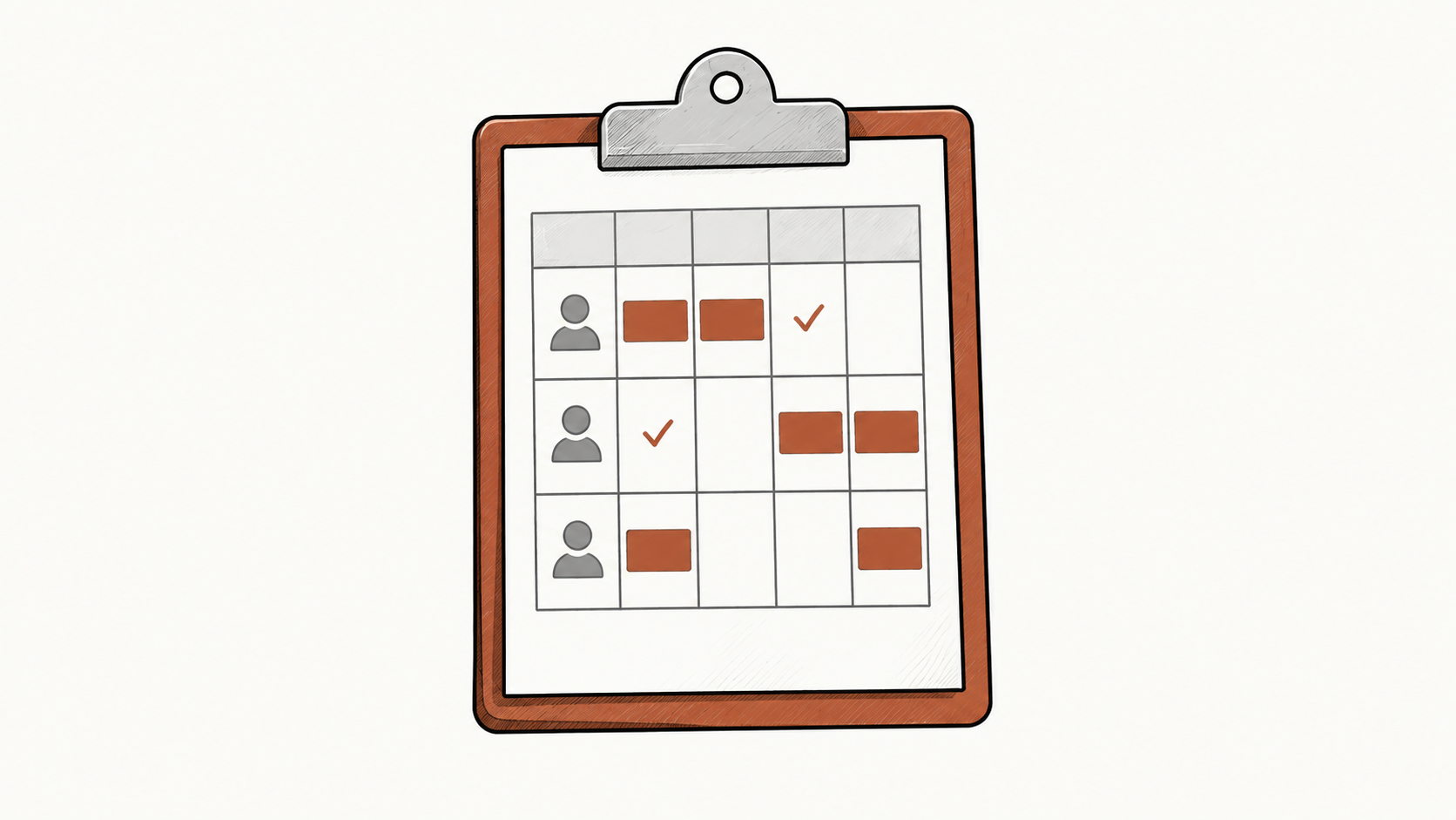Single centered hand-drawn staff-roster clipboard with a shift schedule and cedar accents